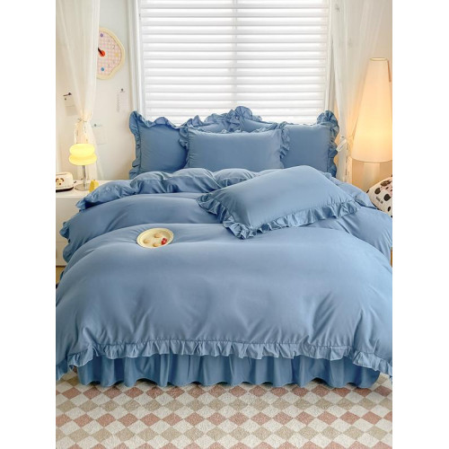 %100純色法式學生三件套四件套床裙款床單款親膚透氣遮醜花邊