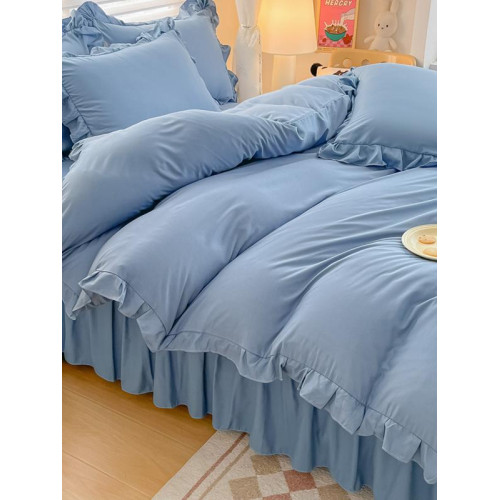 %100純色法式學生三件套四件套床裙款床單款親膚透氣遮醜花邊