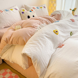 奶油多巴胺純棉毛巾綉四件套ins全棉被套床單宿捨三件套床上用品4