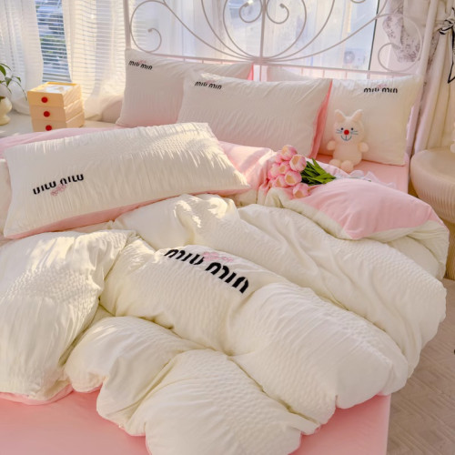 A類母嬰級小清新泡泡紗全棉四件套刺綉被套居家學生宿捨床三件套