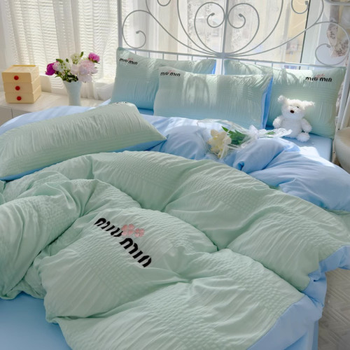 A類母嬰級小清新泡泡紗全棉四件套刺綉被套居家學生宿捨床三件套