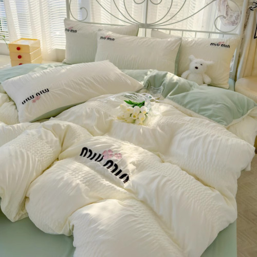 A類母嬰級小清新泡泡紗全棉四件套刺綉被套居家學生宿捨床三件套