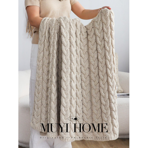 出口歐美奶油色粗針立體絞花編織毯棒針休閒蓋毯沙發毯床尾毯搭毯