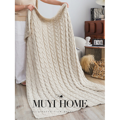 出口歐美奶油色粗針立體絞花編織毯棒針休閒蓋毯沙發毯床尾毯搭毯