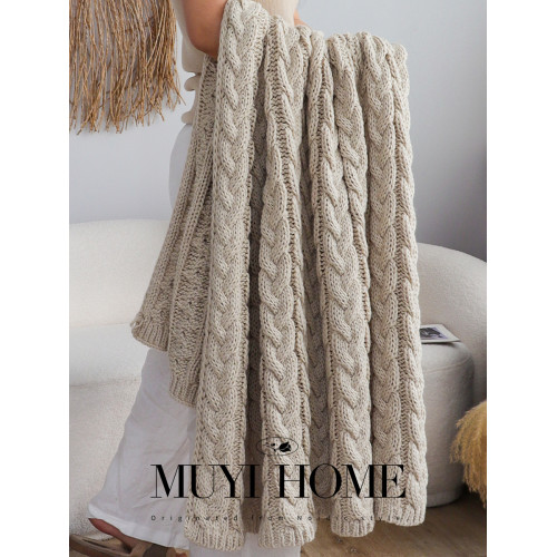 出口歐美奶油色粗針立體絞花編織毯棒針休閒蓋毯沙發毯床尾毯搭毯