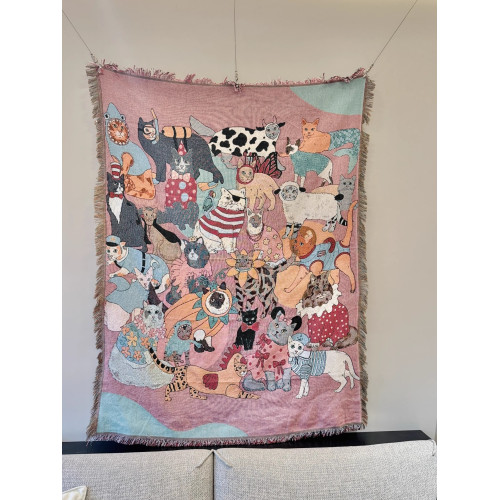 Karenmabon英國原單復古中古風毯掛毯粉色貓咪沙發裝飾毯