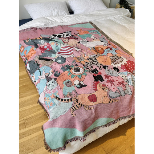 Karenmabon英國原單復古中古風毯掛毯粉色貓咪沙發裝飾毯