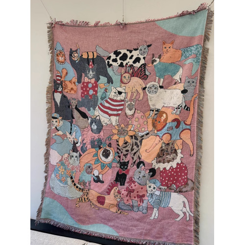 Karenmabon英國原單復古中古風毯掛毯粉色貓咪沙發裝飾毯