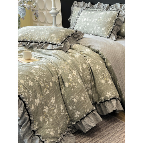 法式復古碎花A類純棉雙層紗四件套全棉亞麻少女花邊加厚床單被套