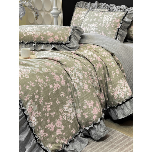 法式復古碎花A類純棉雙層紗四件套全棉亞麻少女花邊加厚床單被套