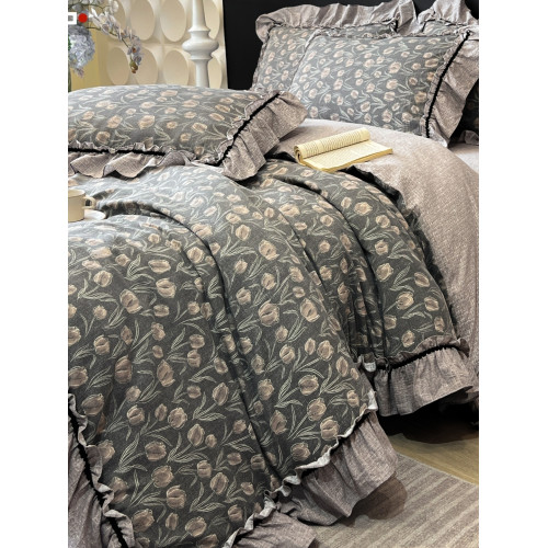 法式復古碎花A類純棉雙層紗四件套全棉亞麻少女花邊加厚床單被套