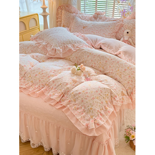 小紅書推薦加厚夾棉公主風純棉床蓋四件套全棉小清新花邊被套床單