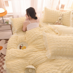 韓式公主風水洗棉四件套冬季裸睡泡泡紗被套少女心床單花邊床裙款