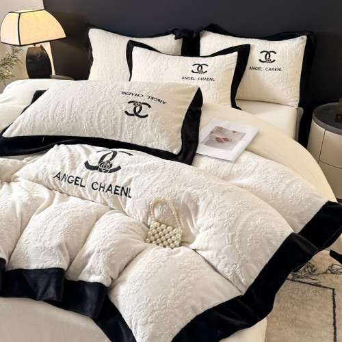 5D雕花牛奶絨冬季加厚床上四件套歐式輕奢刺綉雙面絨保暖花邊被套