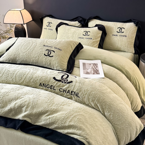 5D雕花牛奶絨冬季加厚床上四件套歐式輕奢刺綉雙面絨保暖花邊被套