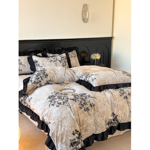 法式復古風雕花牛奶絨床上四件套保暖珊瑚絨被套床單床包款三件套