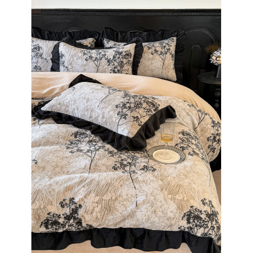 法式復古風雕花牛奶絨床上四件套保暖珊瑚絨被套床單床包款三件套