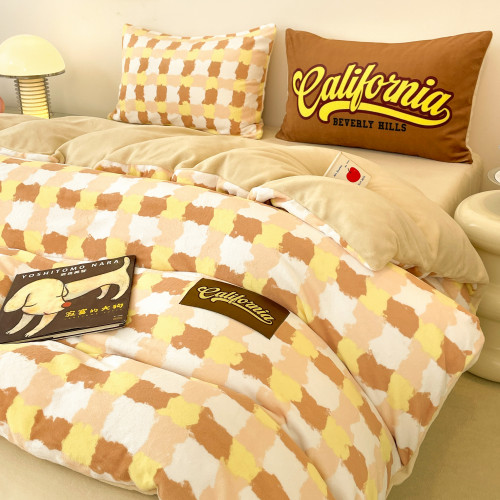 冬季美式復古牛奶絨四件套雙拼色法萊絨加厚保暖被套宿捨床品套件