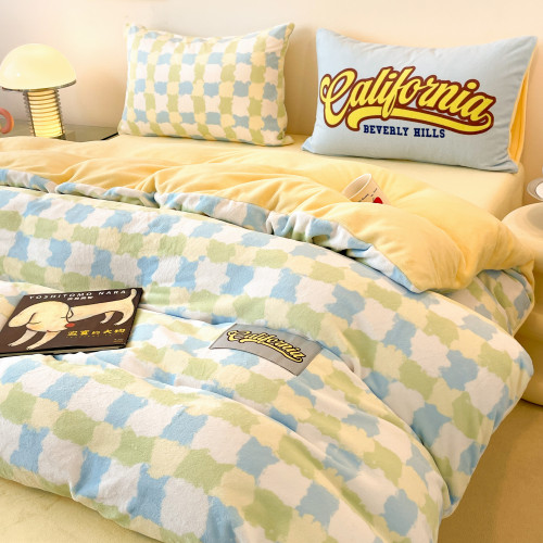 冬季美式復古牛奶絨四件套雙拼色法萊絨加厚保暖被套宿捨床品套件