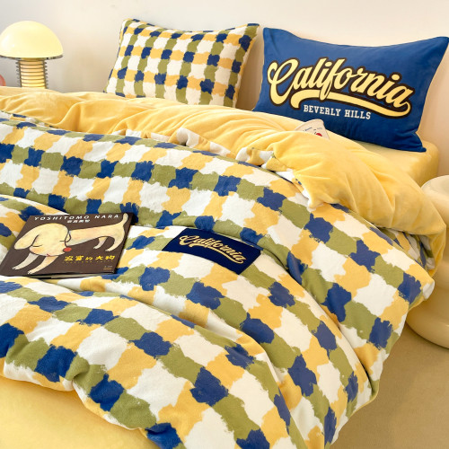 冬季美式復古牛奶絨四件套雙拼色法萊絨加厚保暖被套宿捨床品套件