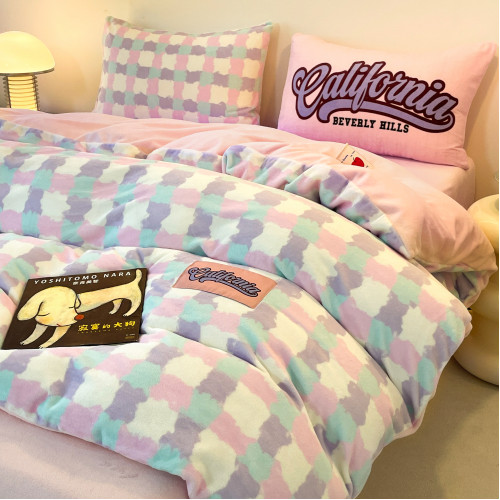 冬季美式復古牛奶絨四件套雙拼色法萊絨加厚保暖被套宿捨床品套件