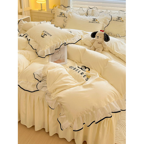 韓式公主風超薄款床裙四件套全棉床蓋花邊被套刺綉防滑床單床包