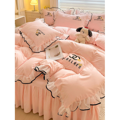 韓式公主風超薄款床裙四件套全棉床蓋花邊被套刺綉防滑床單床包