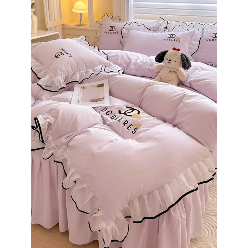 韓式公主風超薄款床裙四件套全棉床蓋花邊被套刺綉防滑床單床包