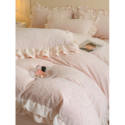 冬季加厚保暖花邊牛奶絨床蓋四件套A類加絨保暖少女床單被罩床罩