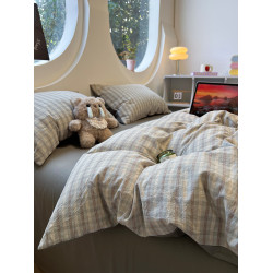 簡約日式灰格子純棉水洗棉四件套公寓床上全棉被套三件套1.5m家用