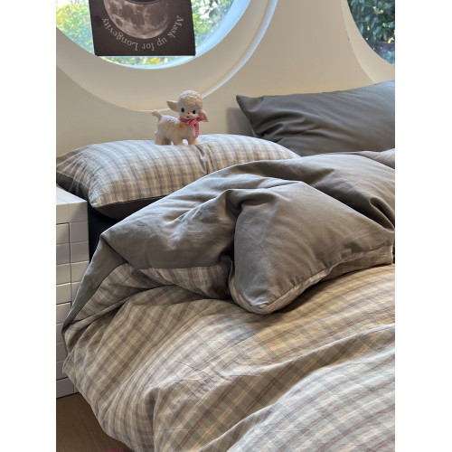 簡約日式灰格子純棉水洗棉四件套公寓床上全棉被套三件套1.5m家用 簡約日式灰格子純棉水洗棉四件套公寓床上全棉被套三件套1.5m家用