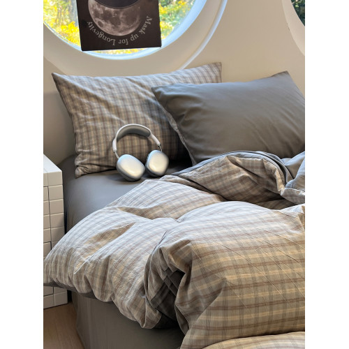 簡約日式灰格子純棉水洗棉四件套公寓床上全棉被套三件套1.5m家用 簡約日式灰格子純棉水洗棉四件套公寓床上全棉被套三件套1.5m家用