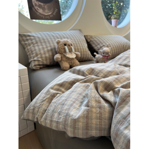 簡約日式灰格子純棉水洗棉四件套公寓床上全棉被套三件套1.5m家用 簡約日式灰格子純棉水洗棉四件套公寓床上全棉被套三件套1.5m家用