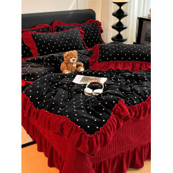 冬季法式公主風加厚雙面牛奶絨床蓋款四件套加絨裸睡花邊床單被罩