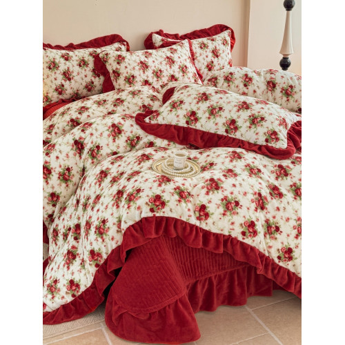 冬季法式公主風加厚雙面牛奶絨床蓋款四件套加絨裸睡花邊床單被罩