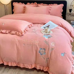 公主風刺綉加厚牛奶絨四件套純色花邊法萊絨床單被套加絨床罩被罩