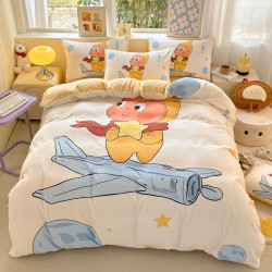 星星人牛奶絨床上四件套女兒童可愛卡通冬季加厚珊瑚絨被套三件套