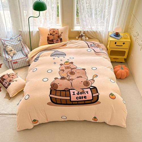 星星人牛奶絨床上四件套女兒童可愛卡通冬季加厚珊瑚絨被套三件套