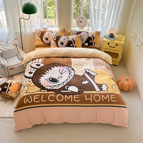 星星人牛奶絨床上四件套女兒童可愛卡通冬季加厚珊瑚絨被套三件套