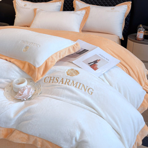 A類輕奢刺綉牛奶絨被套床上四件套冬季雙面絨被罩珊瑚絨床單床包