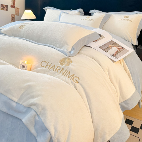 A類輕奢刺綉牛奶絨被套床上四件套冬季雙面絨被罩珊瑚絨床單床包