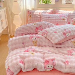 冬季加厚牛奶絨四件套珊瑚絨卡通被套床單法蘭絨宿捨三件套法式風