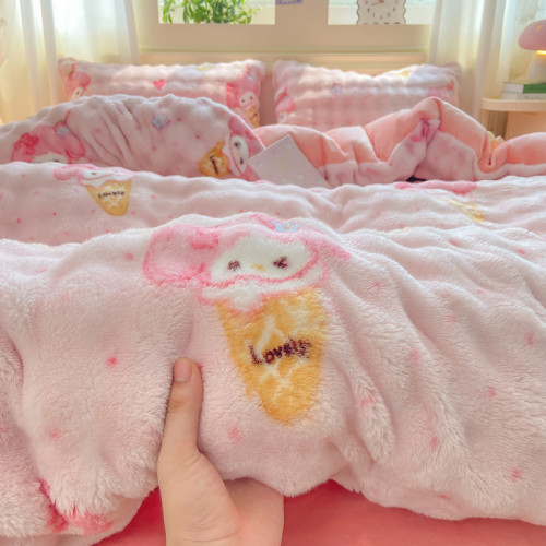 冬季加厚牛奶絨四件套珊瑚絨卡通被套床單法蘭絨宿捨三件套法式風