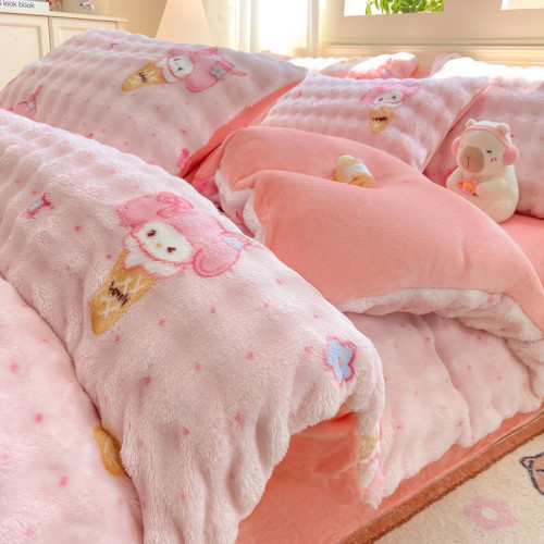 冬季加厚牛奶絨四件套珊瑚絨卡通被套床單法蘭絨宿捨三件套法式風