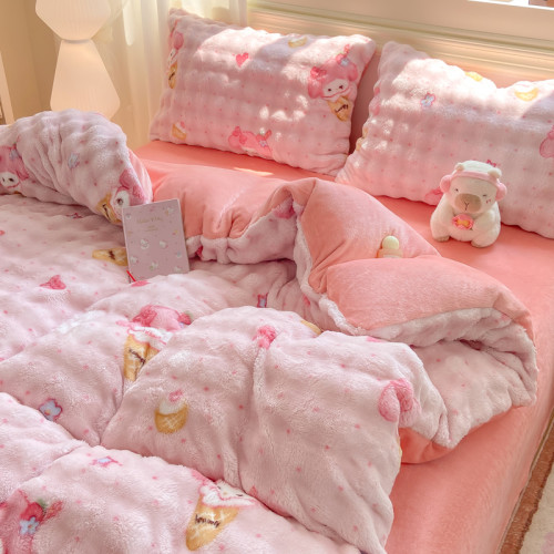 冬季加厚牛奶絨四件套珊瑚絨卡通被套床單法蘭絨宿捨三件套法式風