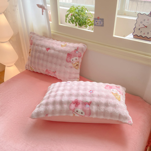 冬季加厚牛奶絨四件套珊瑚絨卡通被套床單法蘭絨宿捨三件套法式風