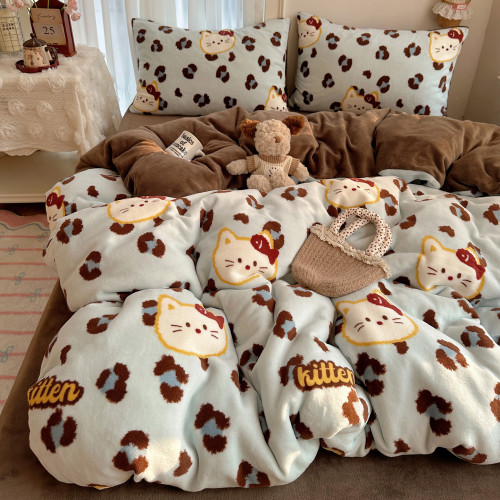 出口高檔加厚牛奶絨床上四件套加絨被套可愛雙面絨毛宿捨保暖冬季