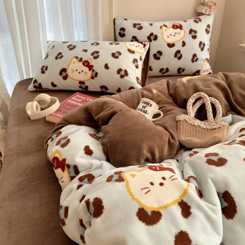 出口高檔加厚牛奶絨床上四件套加絨被套可愛雙面絨毛宿捨保暖冬季