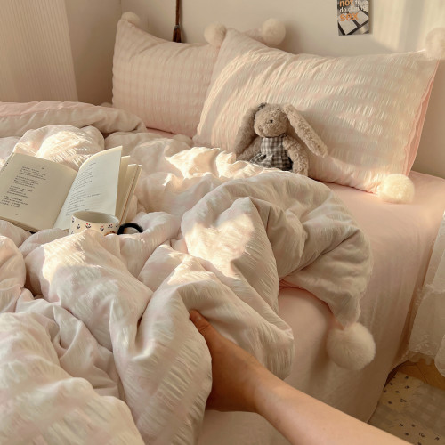 ins清新毛球親膚水洗棉四件套純棉全棉家用少女柔軟裸睡被套床品