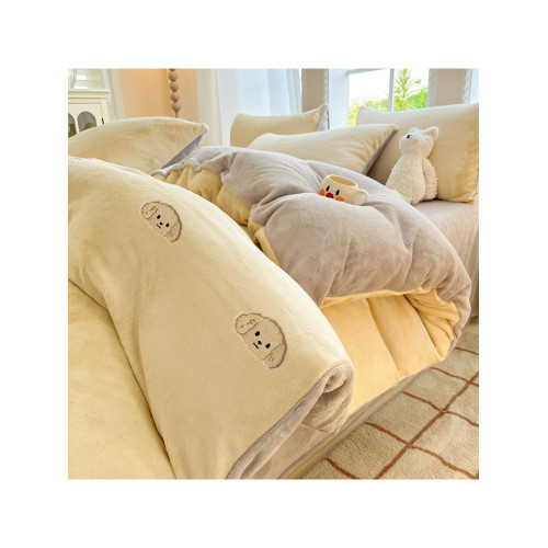 出口澳洲高級牛奶絨四件套毛絨加絨被套可愛刺綉床單加厚冬季保暖